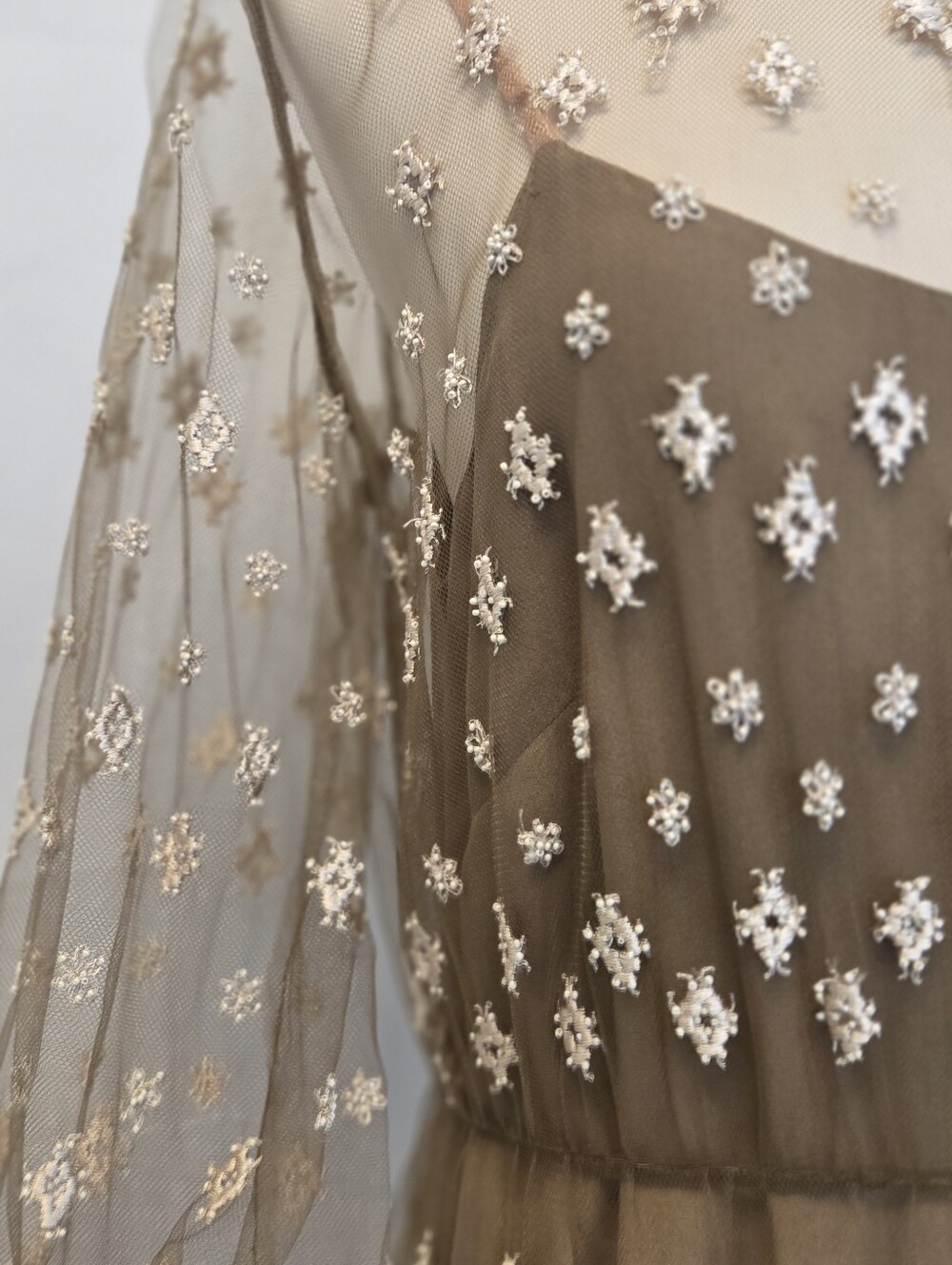 BIYAN Elegant Taupe Lace Maxi Dress, NWT, Embroidery And Pearl Beading, Size M,L - Picture 13 of 15